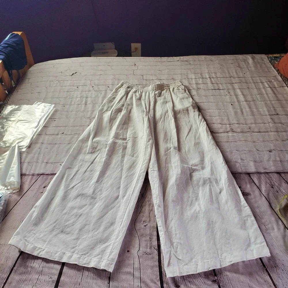 Zara Linen White Pants Wide-leg High-waisted Pull-on Elastic Waist Pockets Med